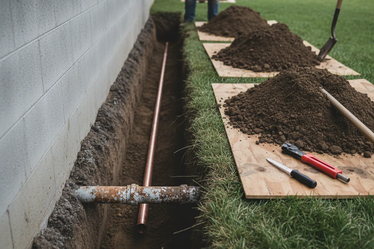 Excavated water line trench during Water Softener Installation in Hermosa Beach